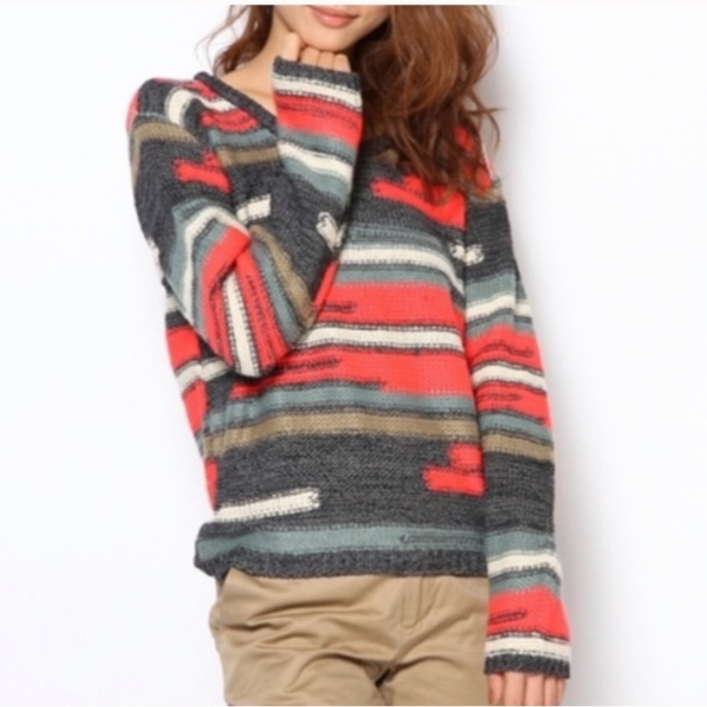 Anthropologie Numph Gerda Mixed Knit Sweater Women's Small Gray Orange Cream